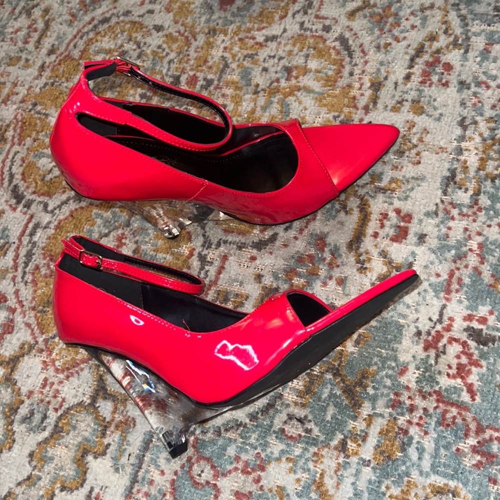 Red Open Toe Clear Wedge Heels | Size 10